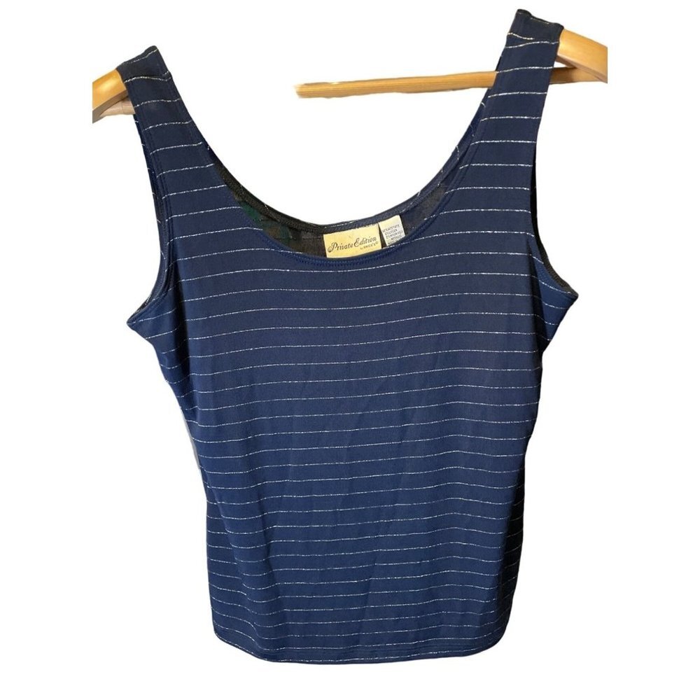 Chico's Navy Blue Silver Thread Scoop Neck Sleeveless Tank Sz L